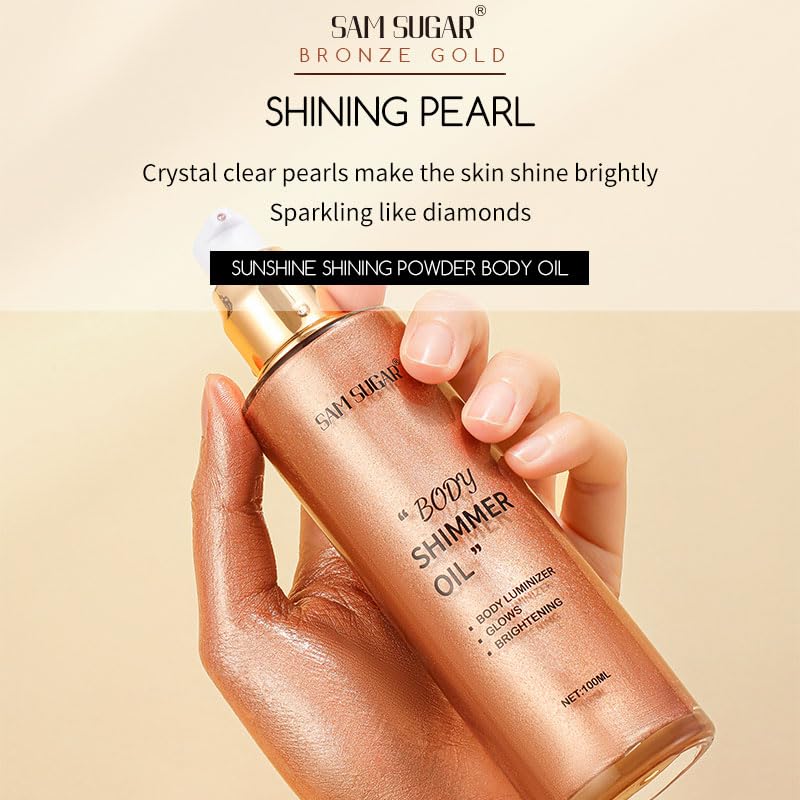 Shimmer Body Oil, Long Lasting Moisturizing Body Glow Glitter for Women Face Luminizer Highlighter Makeup 100ml Shimmer Oil for Glowing Skin Lotion (Gold)