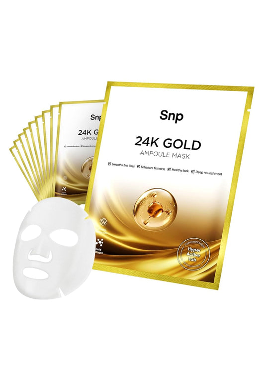 SNP 1000mg Collagen + 24K Gold Ampoule Sheet Mask | Collagen Face Masks Skincare | Tightening, Hydrating, and Nourishing | Korean Skin Care | Overnight Face Masks | Moisturizing Face Mask | 10 Sheets