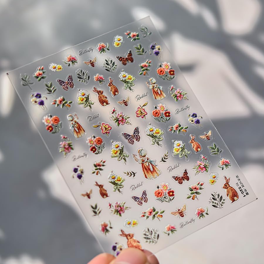 Flower Butterfly Art Stickers 5D Embossed Colorful Plants Garden Nail Stickers, Self-Adhesive Durable Nail Art Decals for Women Girls, Nail Wraps Decoration Manicure for DIY Acrylic Nail Accessories