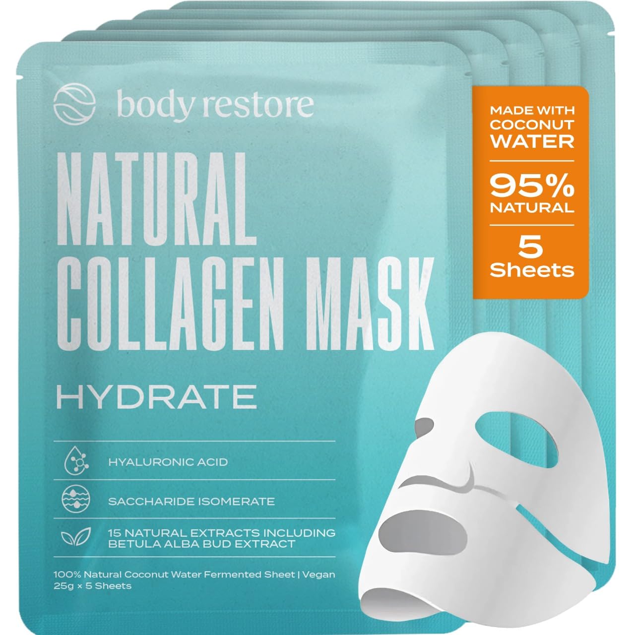Body Restore Natural Collagen Face Mask 5 Pack – Korean Skin Care Mask with Fermented Coconut Water, Christmas Stocking Stuffers, White Elephant, Birthday Gifts for Women & Men, Dry Skin - Hydrate