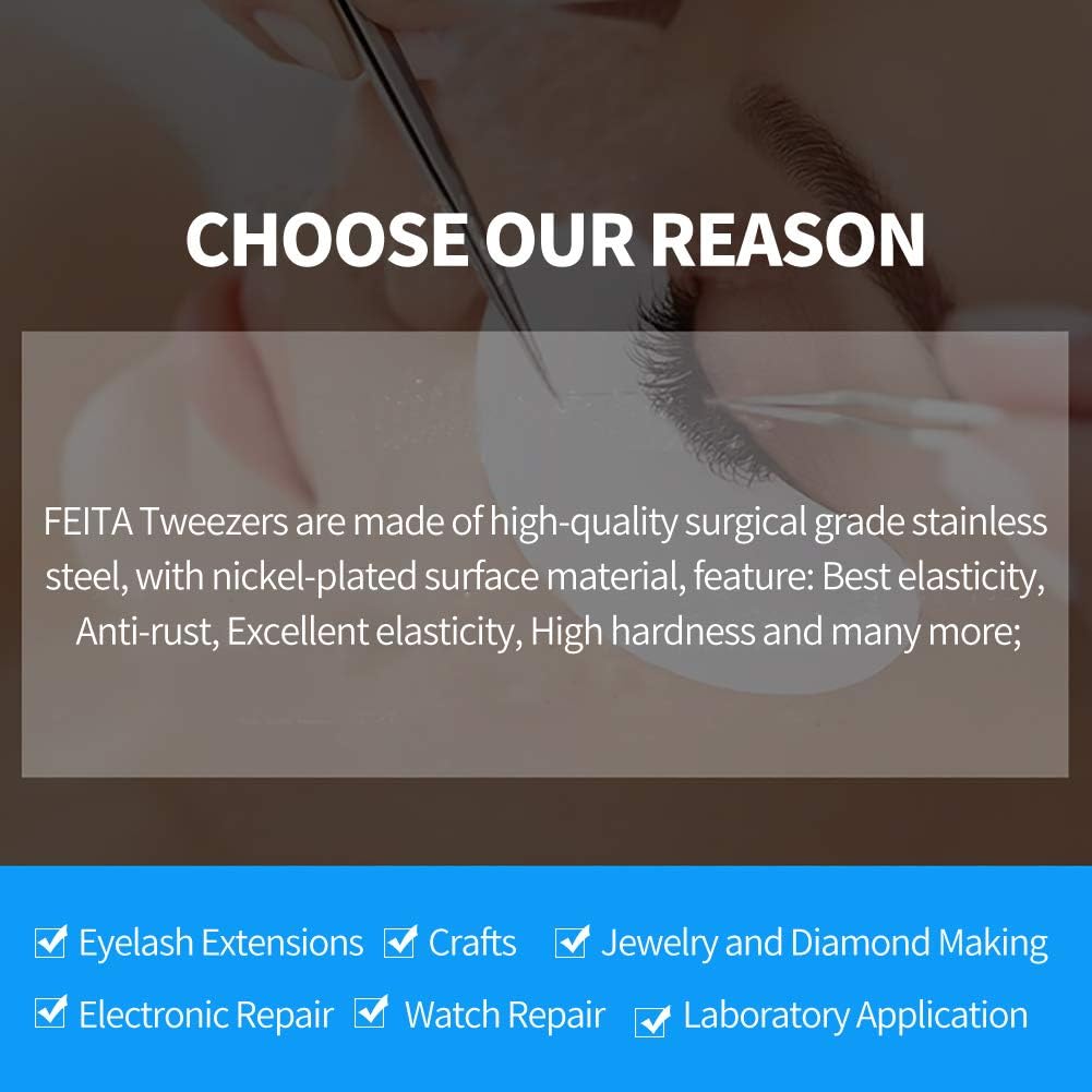 Best Eyelash Extension Tweezer Set - FEITA Pro Straight & Curved Pointy Precision Fine Tip Tweezers for Lash Extensions - Silver - 2Pcs