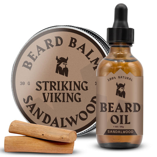 Striking Viking Beard Oil and Balm - Men's Beard Grooming Kit with All-Natural Beard Oil and Leave in Beard Balm Conditioner - Enriched with Argan and Jojoba Oil, Sandalwood