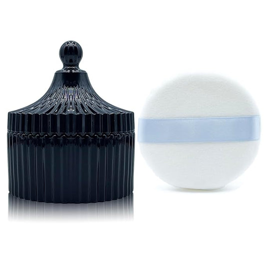 Ultra Soft Powder Puff and Container 3.3" High Density Velvet Dusting Washable Reusable Powder Puff,Body Powder Puff and Glass Jar Holder Loose Powder Box with Puff for Face Makeup(Black)