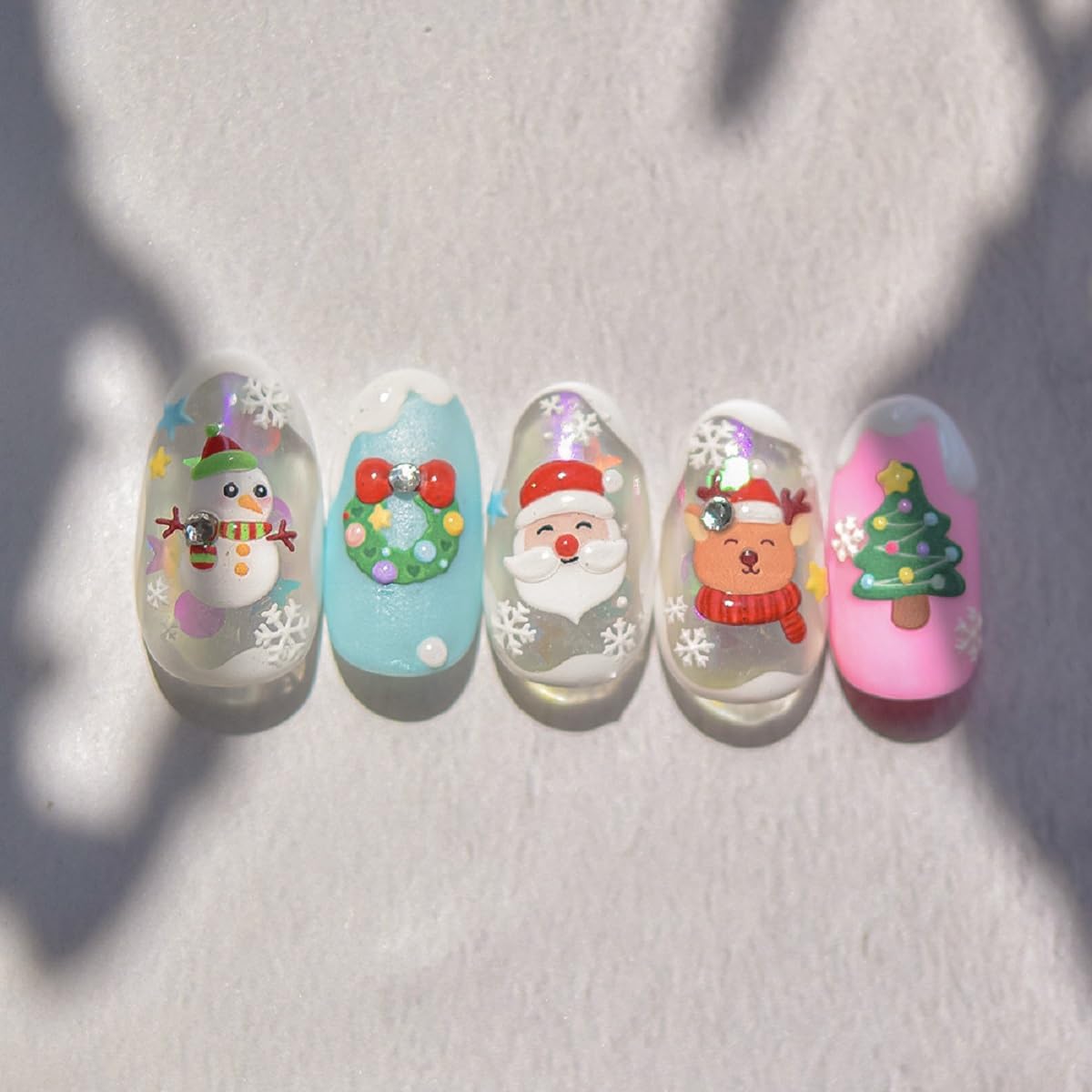 Christmas Nail Art Sticker 5D Embossed Xmas Nail Art Decals Santa Claus Elk Snowman Rhinestone Design Holiday Nail Supplies Winter Manicure Decoration for Women Girls