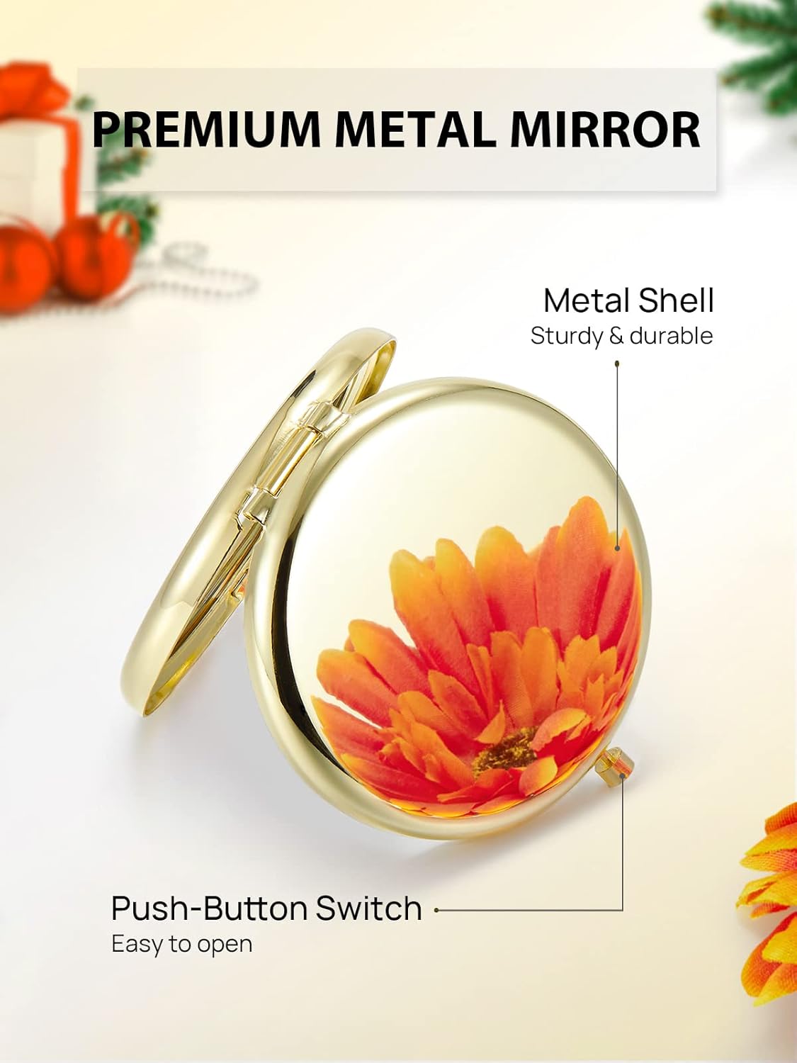 Compact Mirror Bulk, Set of 2 Double-Sided 1X/2X Magnifying Purse Pocket Makeup Mirrors(Round, Gold)