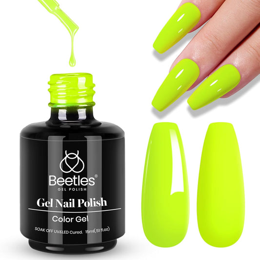 Beetles Neon Yellow Gel Nail Polish, Bright Yellow Lala Lime Color Neon Gel Polish Halloween Soak Off Uv Led Nail Lamp Gifts for Women -Size: 15 ml/Each