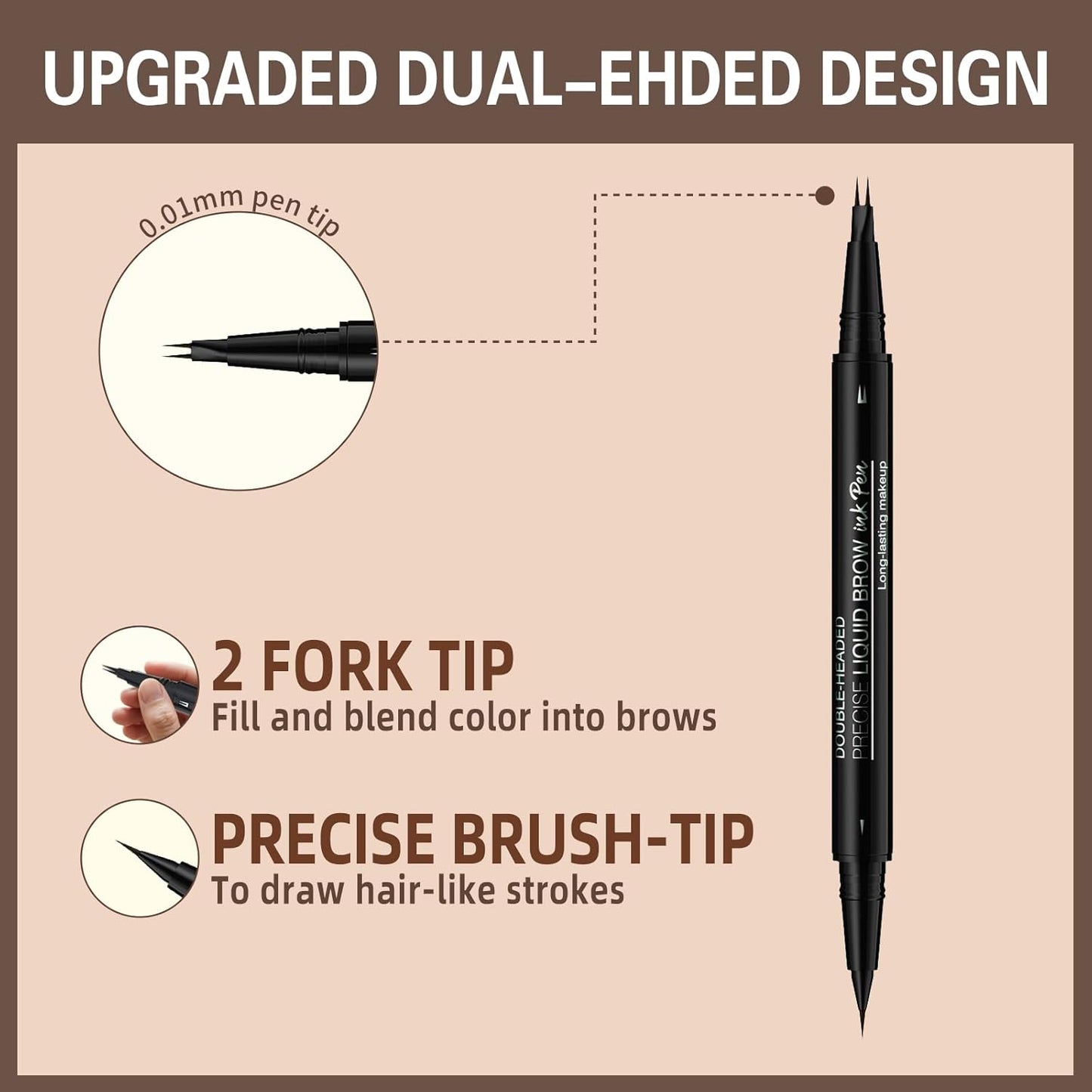 Microblading Eyebrow Pen, Dual-Ended Brow Pencil with 2-Fork-Tip and Precise Brush, Waterproof Longer Lasting Eyebrow Pencil, Microblade Eyebrow Pencil Create Natural Hair-Like Strokes (Dark Brown)