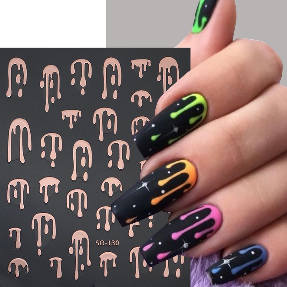 8 Sheets Halloween Nail Stickers Water Drop Blood Nail Decals French Tips Nail Art Stickers Black Gold Laser Design 3D Self Adhesive Sticker for Nail Holiday Manicure DIY Supplies for Women