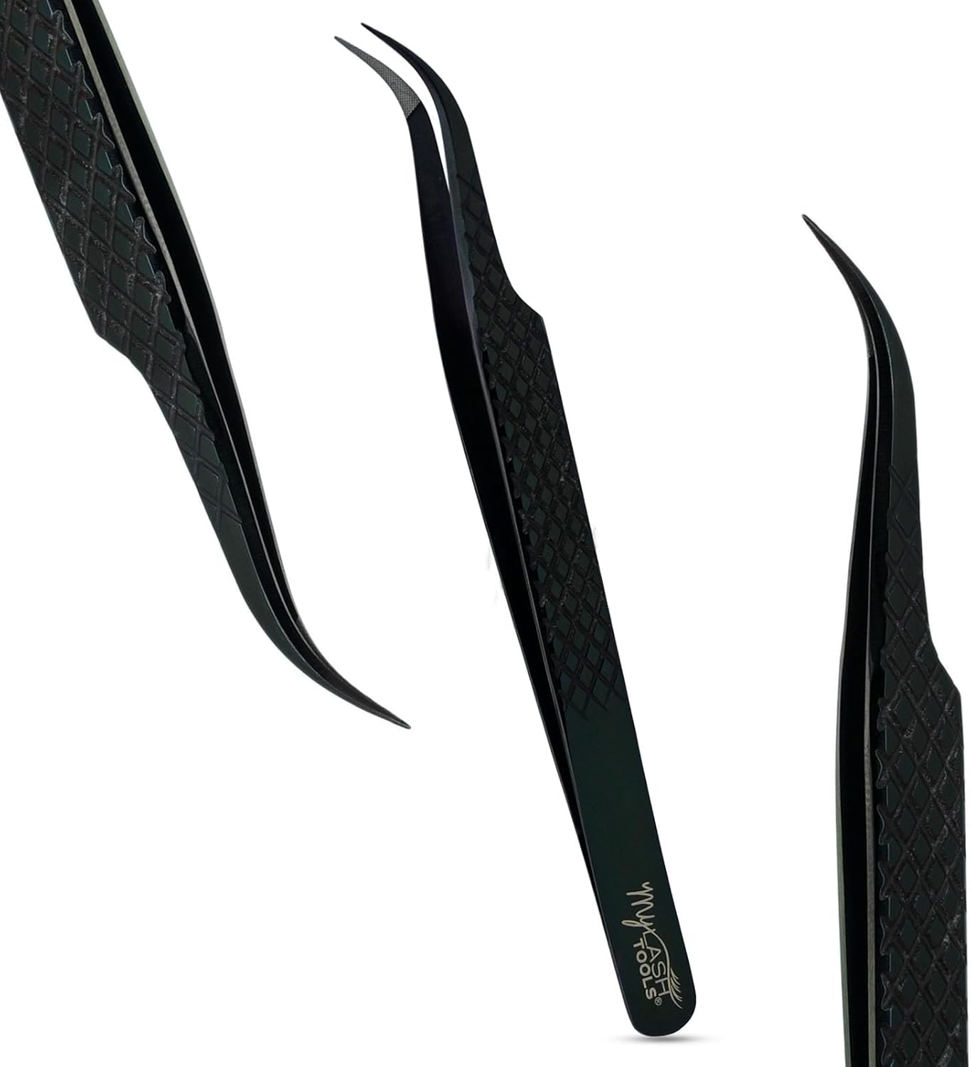 Curved Classic & Volume Fiber Tip Lash Tweezer – SLAY CURVE, Diamond Grip, Professional Eyelash Extension Tweezers, Precision Lash Tool (Black)