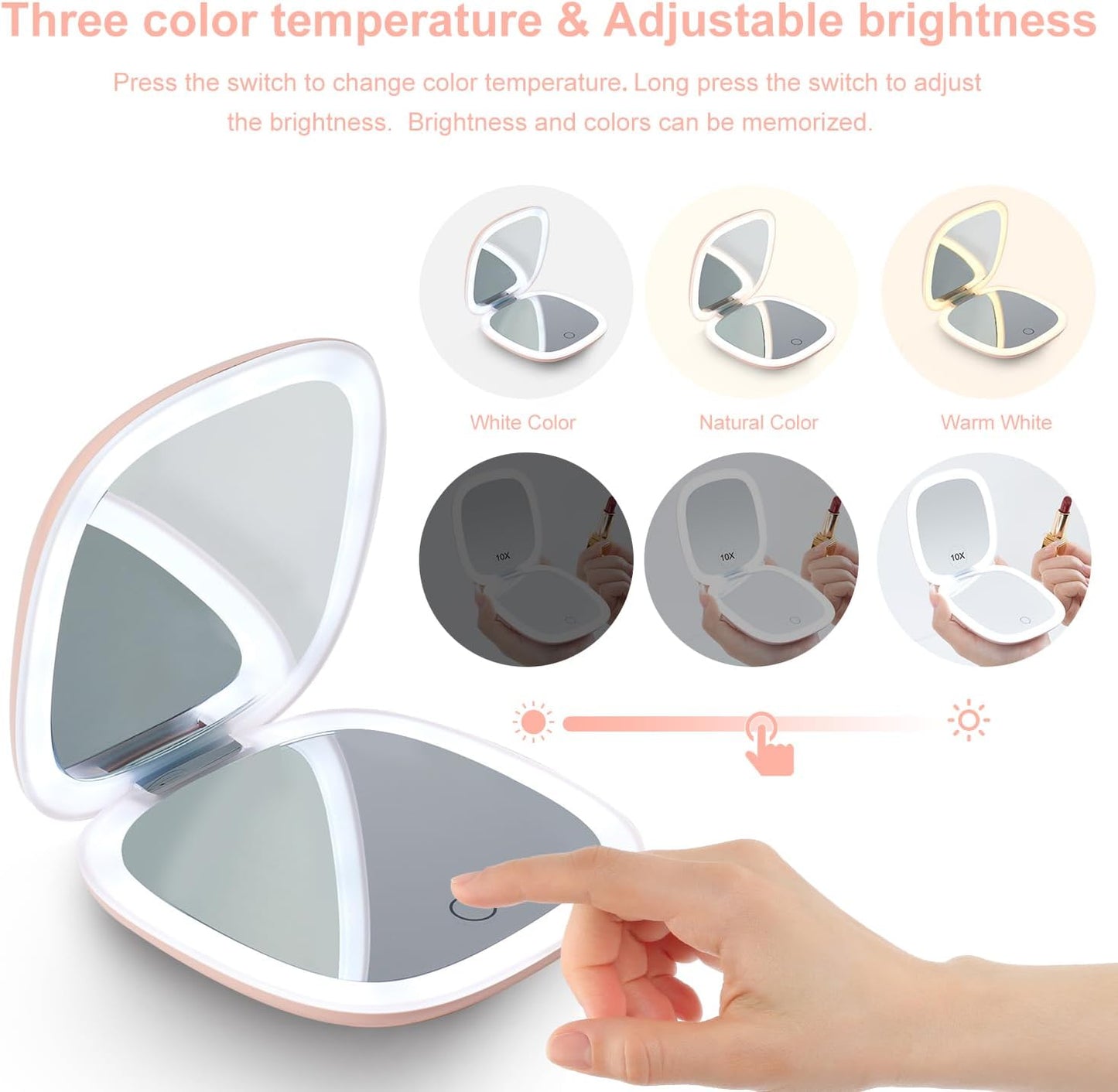 Mocado Compact LED Travel Makeup Mirror - 4 Inches 1X/10X Magnification Travel Mirror with Light Dimmable Double Sides Lighted USB Rechargeable Compact Mirror for Purse,Pocket,Travel(Pink)