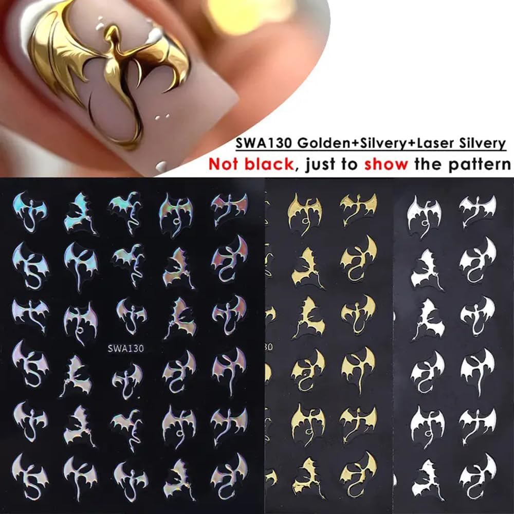 3 Pcs Metal Dragon Element Nail Stickers, 3D Self-Adhesive Golden and Silvery Laser Holographic Y2k Dragon Nail Art Decals,Glossy Texture Slider Nail Art Suitable for Women and Nail Decoration