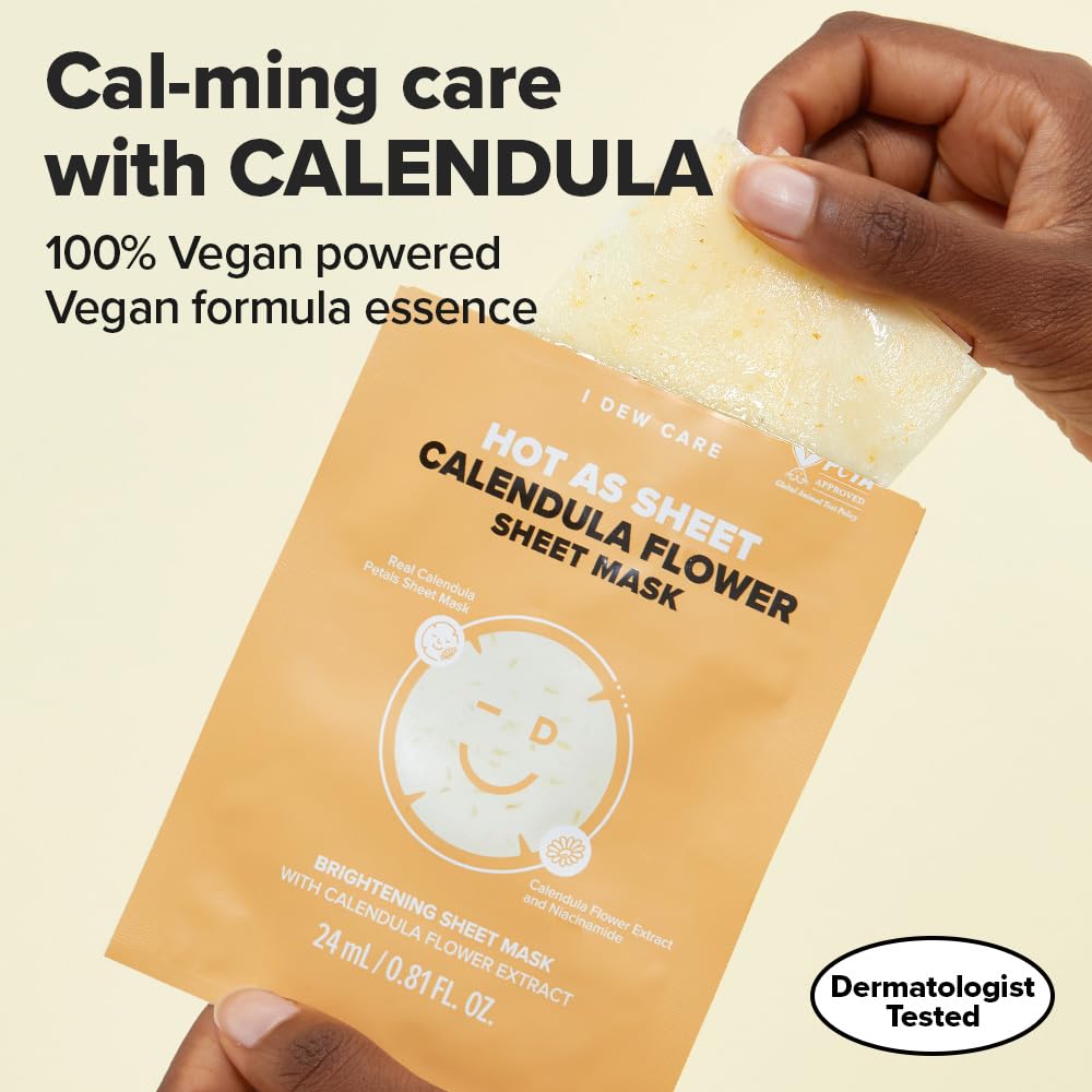 I DEW CARE Korean Glass Skin Real Herb Calendula Sheet Mask - Hot As Sheet Mask | Face Masks Skincare, Moisturizing and Calming for Dry Skin with Calendula Flower Extract, 2% Niacinamide, Kbeauty,10EA