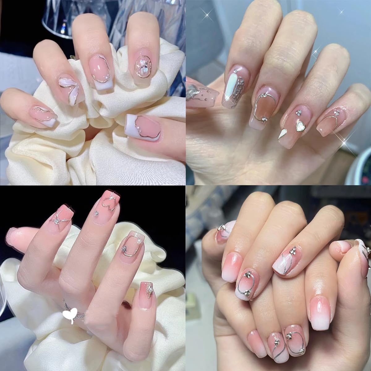 Simple French Nails Art Stickers Heart Lines Nail Decals 3D Self Adhesive Hollow Geometric Frame Nail Stickers with Diamond Design Stripe Nail Supplies Bronzing French Decoration for Women 5Pcs