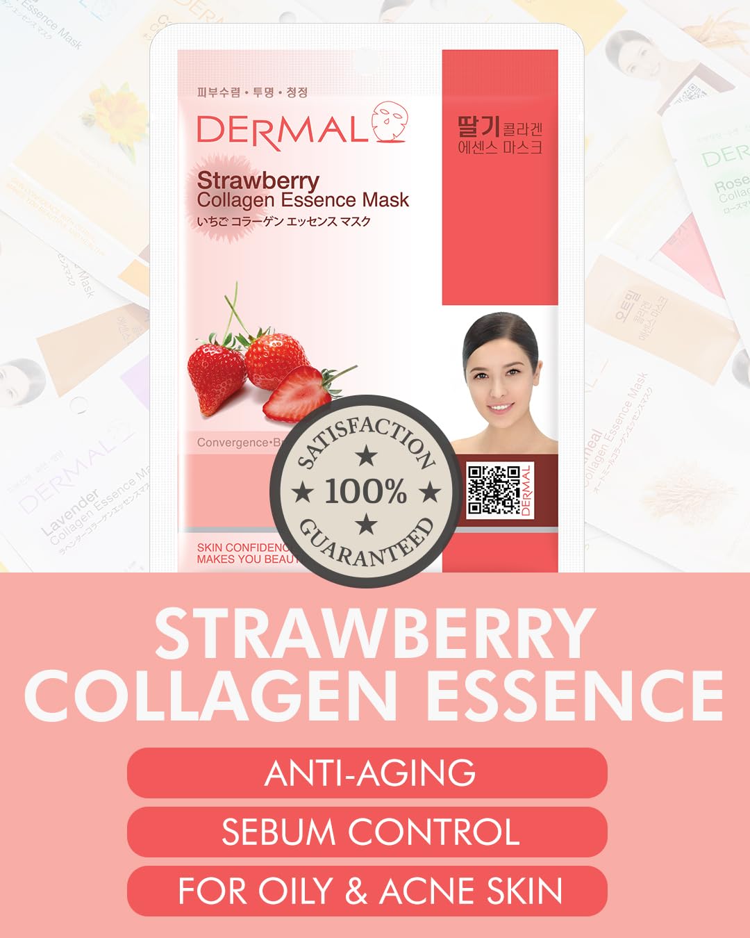 DERMAL Strawberry Collagen Essence Facial Mask Sheet 23g Pack of 10 - Pore Tightening & Sebum Control for Oily Skin, Hydrating Daily Skin Treatment Solution Sheet Mask