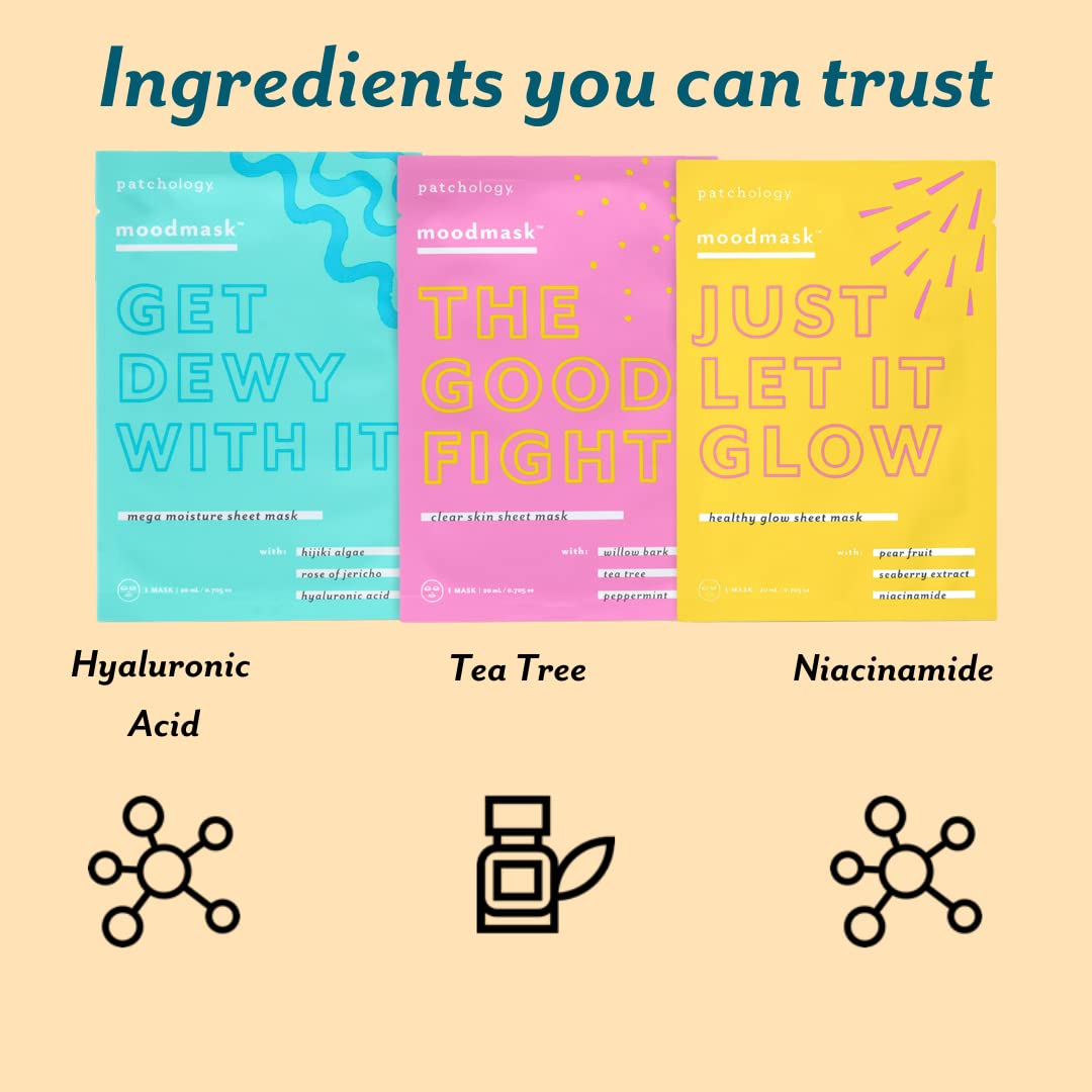 Patchology "All the Feels Sheet Masks - Hydrating Face Masks for dry skin and blotchy redness. Facial Sheet Mask Skincare Treatment to reduce puffiness, redness and wrinkles (3 Piece Set)