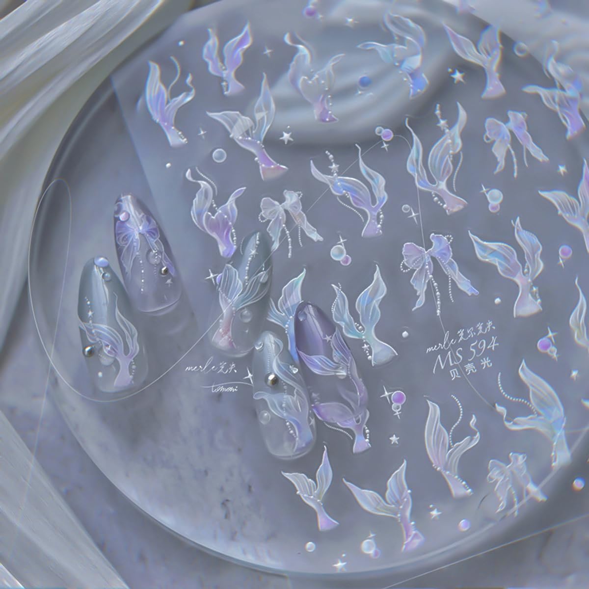 Mermaid Nail Art Stickers Sparkly Fishtail Nail Stickers 5D Embossed Shell Light Style Nail Decals Accessories Mermaid Adhesive Slider Manicure Supplies for Women DIY Decorations