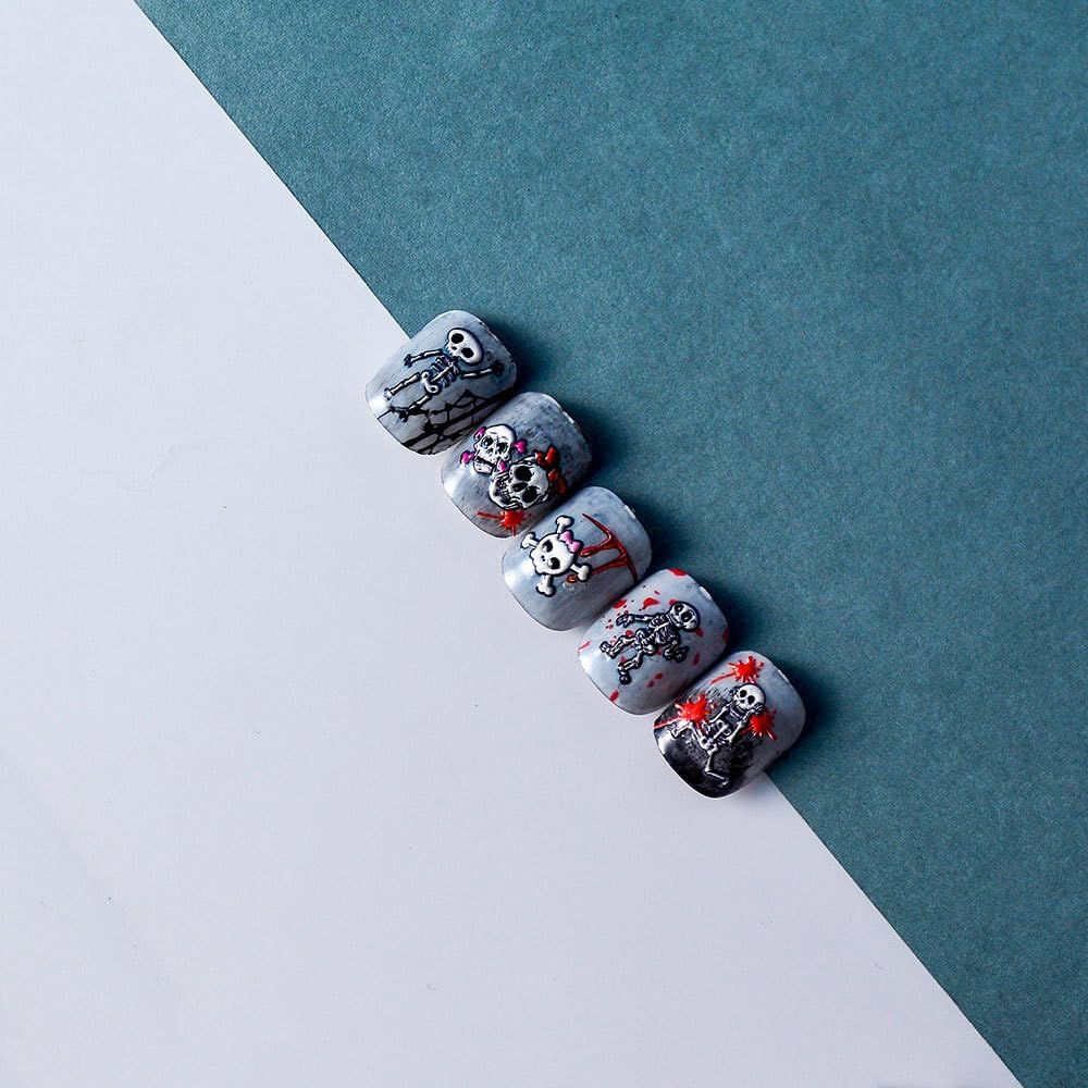 Halloween Nail Art Stickers 5D Embossed Skull Blood Skeleton Nail Stickers, Self-Adhesive Durable Nail Art Decals for Women Girls, Nail Wraps Decoration Manicure for DIY Acrylic Nail Accessories
