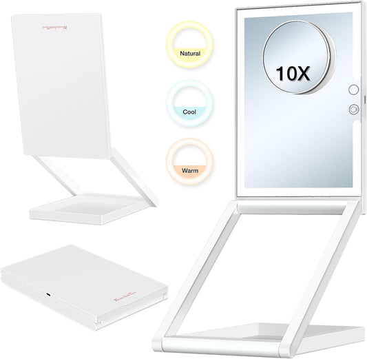 Travel Makeup Mirror with Lights - 3 Color LED, USB Rechargeable, 10X Magnifying, Adjustable Height, 360 Rotation, Compact Folding Touch Screen Smart Cosmetic Mirror
