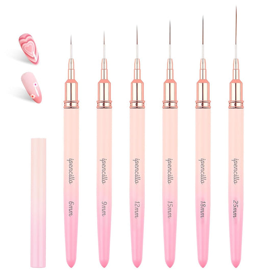 Nail Art Brushes, 6 Pcs Nail Liner Brushes for Nails, Nail Brushes for Nail Art Lines, Details, Edge and Plaid, Nail Art Brushes with Cap, Thin Liner Brushes Sizes 6/9/12/15/18/25 mm, Pink