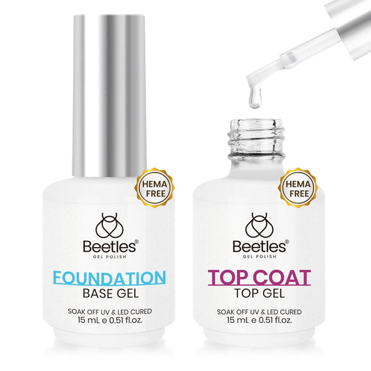 Beetles 2Pcs Hema Free Gel Base and Top Coat Set No Wipe, Upgraded Mild Formula Glossy Top Coat Gel Nail Polish Long Lasting Effect Soak Off No More Damaged Nails