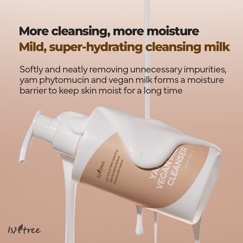 IsNtree Yam Root Vegan Milk Cleanser 220ml, 7.43 fl.oz | Korean Facial Cleanser for Sensitive Skin | Rich & Creamy Texture | Hydrating & Mild | Vegan & Cruelty-Free Skincare
