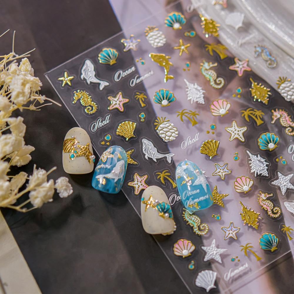 5D Embossed Ocean Nail Stickers Gold Starfish Pineapple Nail Art Stickers 3D Self-Adhesive White Dolphin Nail Designs Laser Pink Shell Summer Nail Art Decoration for Women DIY 1 Sheet