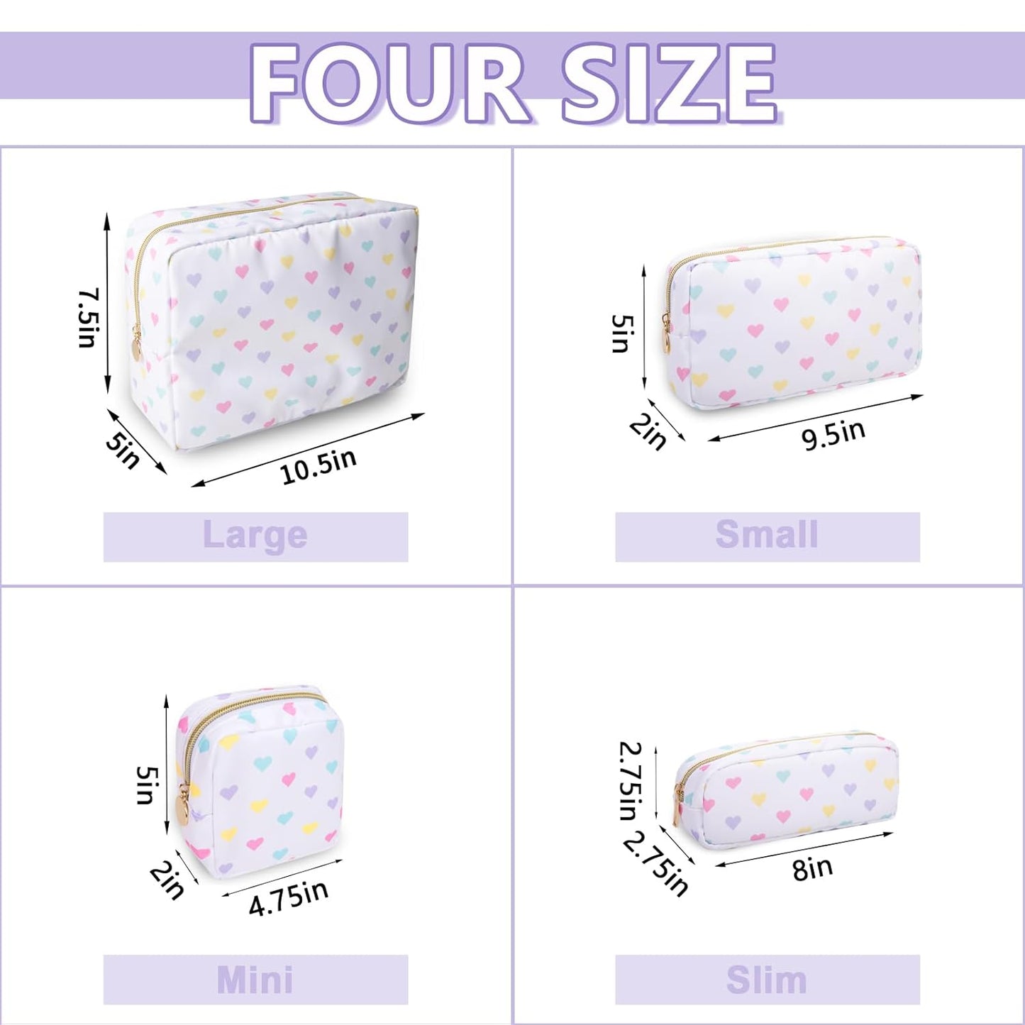 Small Makeup Bag Pouch for Purse，Nylon Travel Toiletry Storage Bag Cute Makeup Organizer Bag for Women Girls，Preppy Waterproof Cosmetic Bag Pouch Skincare Bag Purse with Zipper (Small-White Heart)