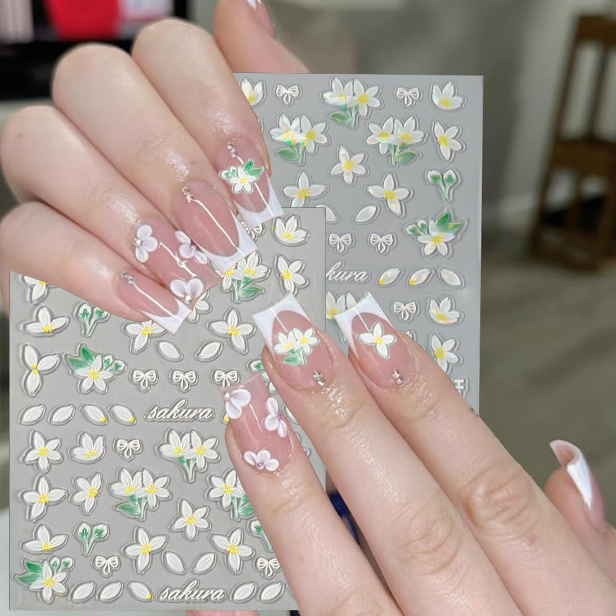Flower Nail Art Stickers Decals Spring Relief Lily Floral Nail Decals Pink White Blue Self-Adhesive Design Flowers Nails Stickers 5D Embossed Nail Art Supplies for Women Girls Summer Nail Decorations