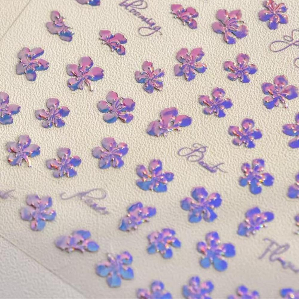 Laser Flower Nail Stickers Pink Aurora Nail Art Stickers Small Floral Nail Decals Self Adhesive with Design Spring Manicure Supplies Charm for Women Decorations Accessories