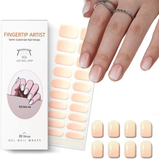 Semi Cured Gel Nail Strips Nude Ombre Gel Nail Strips Glossy Stickers Wraps Need UV/LED Light Salon Quality & Easy to Use for Women 20 Pcs