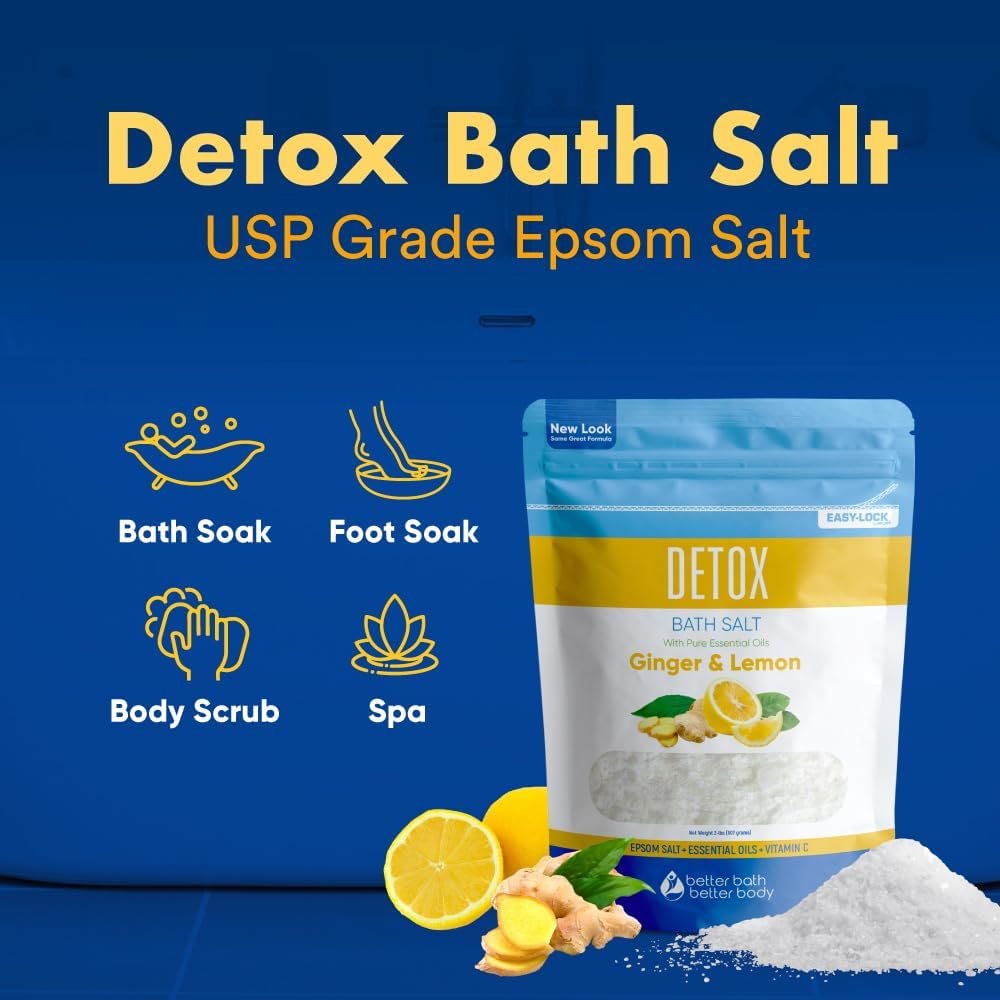 Detox Bath Salt 32 Ounces Epsom Salt with Natural Ginger and Lemon Essential Oils Plus Vitamin C in BPA Free Pouch with Easy Press-Lock Seal