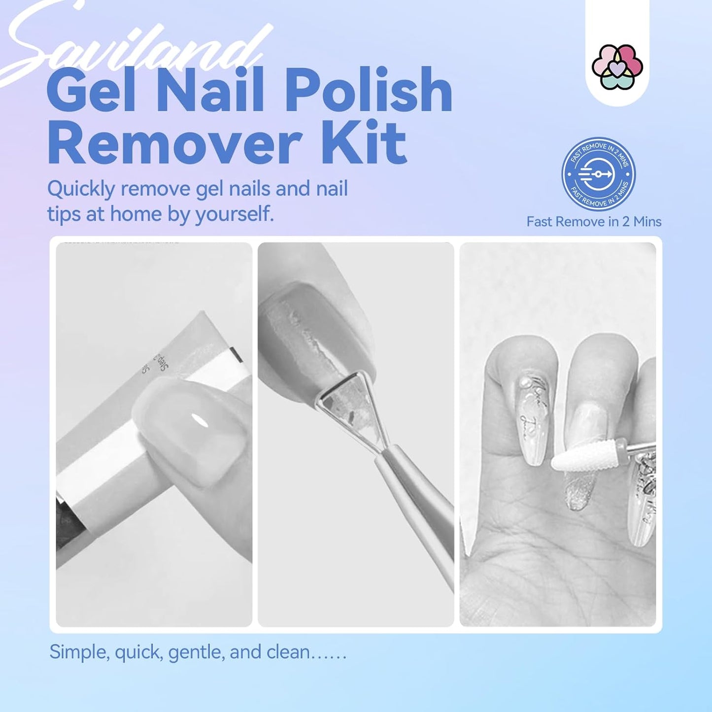 SAVILAND Gel Nail Polish Remover Kit: 2 PCS Soak off Gel Polish Remover Quick & Easy Rich in Castor Oil & Vitamin E, with Cuticle Oil Pen Nail Tools for Gel Nails Remove Home Salon Use