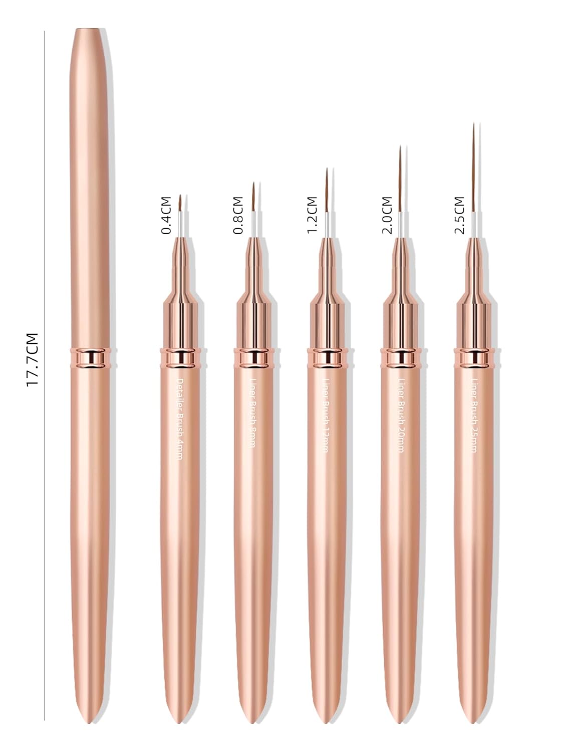 Metallic Nail Art Brushes, 5Pcs Nail Art Liner Brushes, Painting Art Design Brush Set Nail Dotting Drawing Tool for Long Lines, Thin Details, Fine Drawing Sizes 4/8/12/20/25mm, Rose Gold