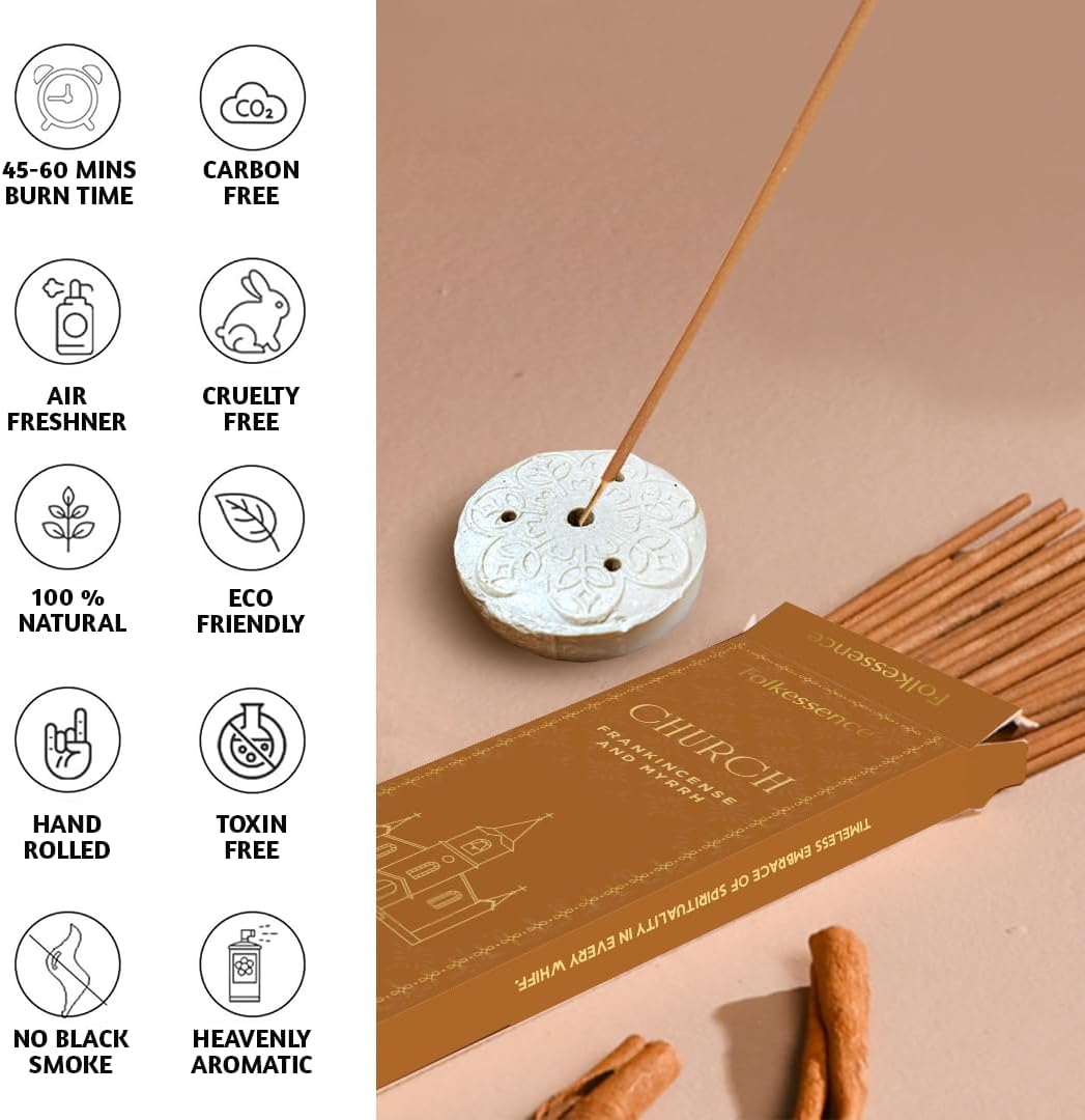 Folkulture Church Incense Sticks | Set of 100 Insence-Sticks with Holder for Relaxation | Frankincense & Myrrh Incense | Organic, Slow Burning & Non Toxic Inscents for Worship