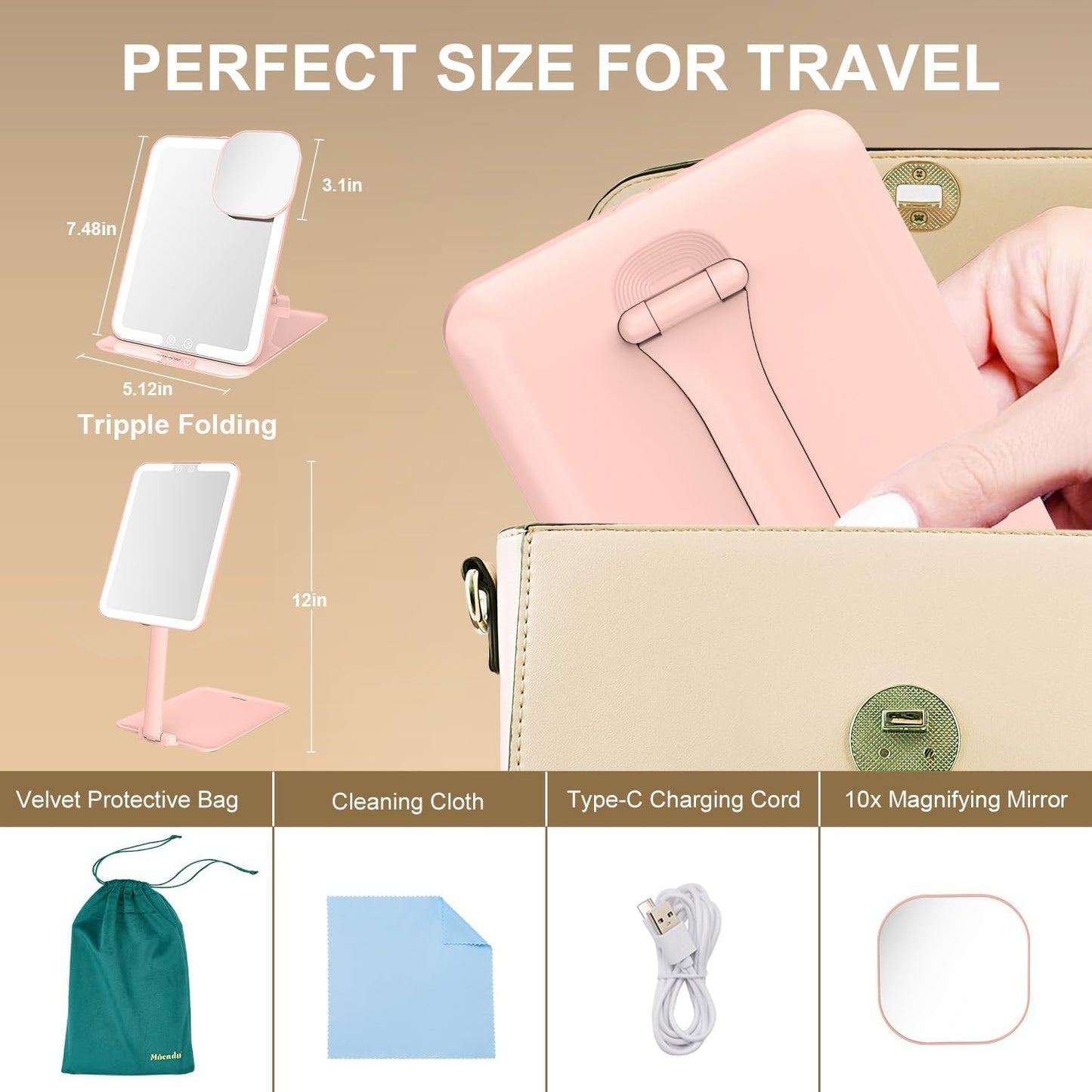 Mocado Travel Makeup Mirror with Light - 7x5 Inches Tripple Folding Travel Mirror with Light, 3 Colors Lighted Makeup Mirror, Portable Makeup Mirror, Freely Adjust Height and Angle(Pink)