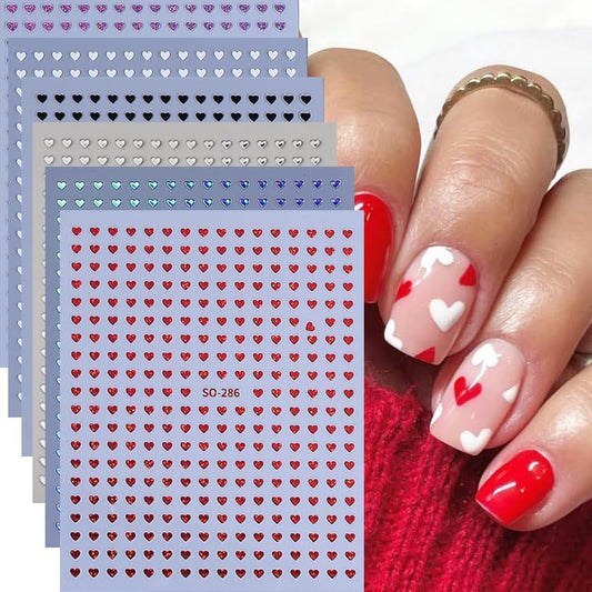 6 Sheets Heart Nail Art Stickers Decals Black White Red Laser Silver Heart Nail Stickers for Women Valentines Nail Art Supplies 3D Self Adhesive Romantic Hearts Sticker Design Manicure Decoration