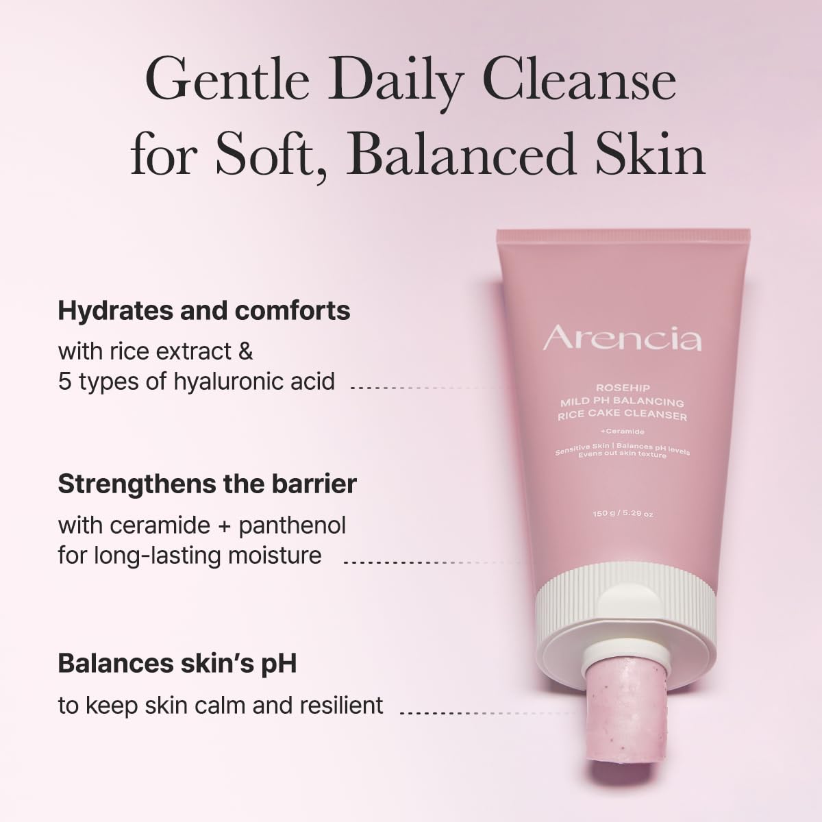 Rosehip Rice Cake Cleanser, pH Balancing Face Wash with Ceramide for Sensitive Skin, 5.29 oz