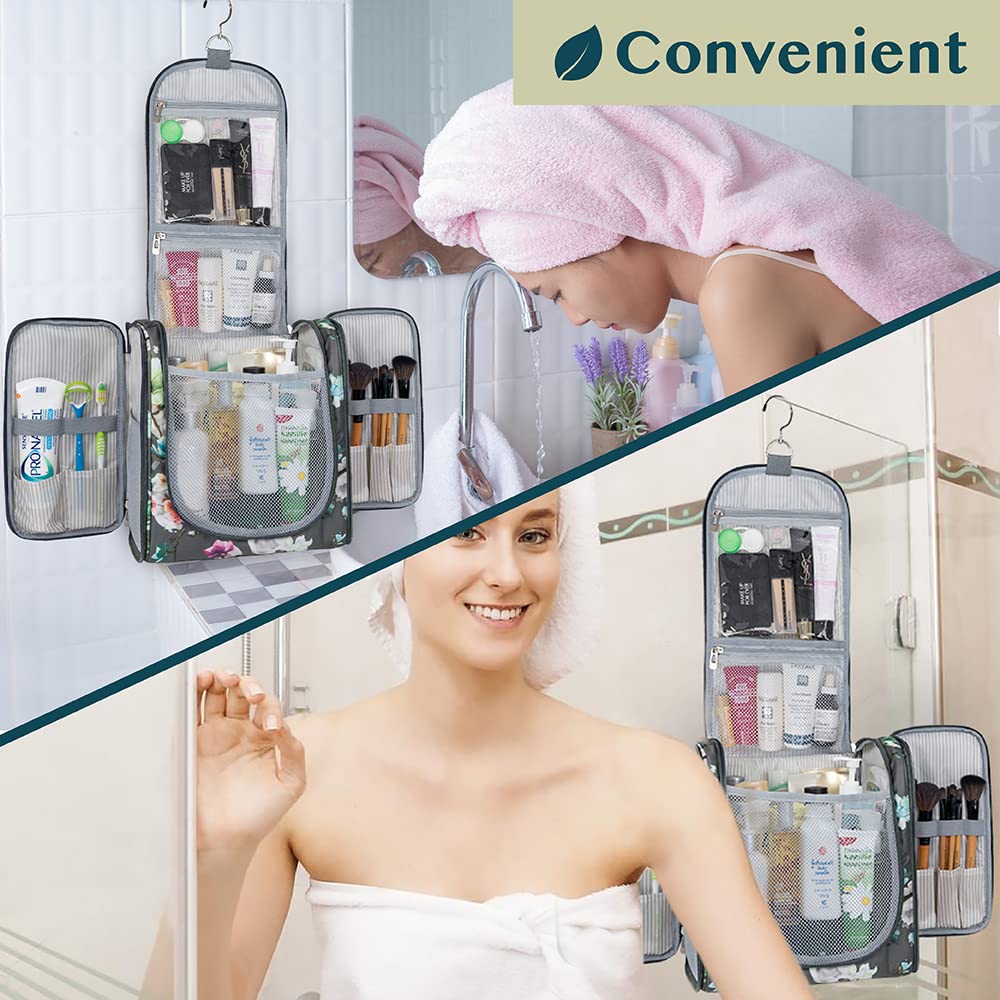 PAVILIA Extra Large Toiletry Bag Travel Bag for Women Men, Hanging Cosmetic Organizer, Water Resistant Makeup Bag for Accessories Toiletries, Travel Essentials Kit (Floral Grey)