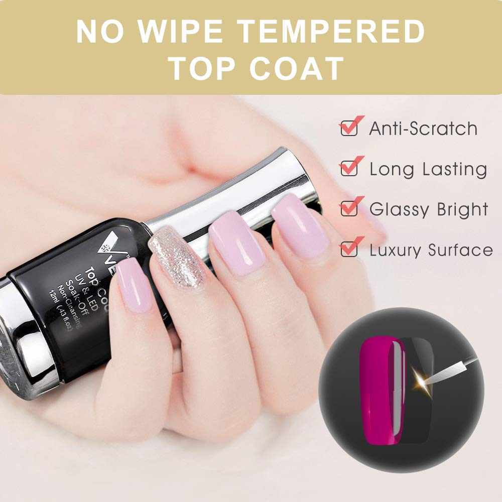 VENALISA 12ML No Wipe Tempered Top Coat, Scratch Resistant Long Lasting High Gloss Soak Off Clear Gel Nail Polish Top Coat 0.43 OZ