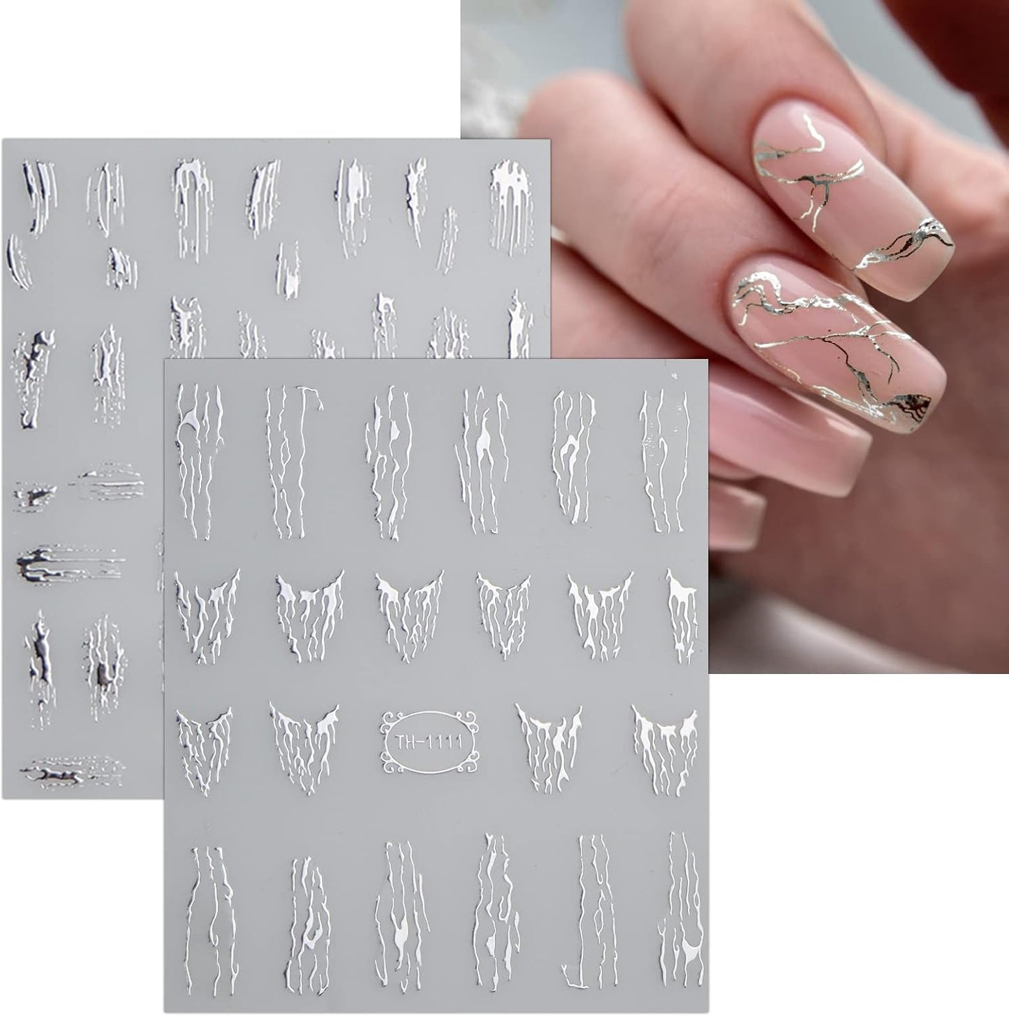 JMEOWIO 9 Sheets Marble Line Nail Art Stickers Decals Self-Adhesive Pegatinas Uñas Silver Nail Supplies Nail Art Design Decoration Accessories