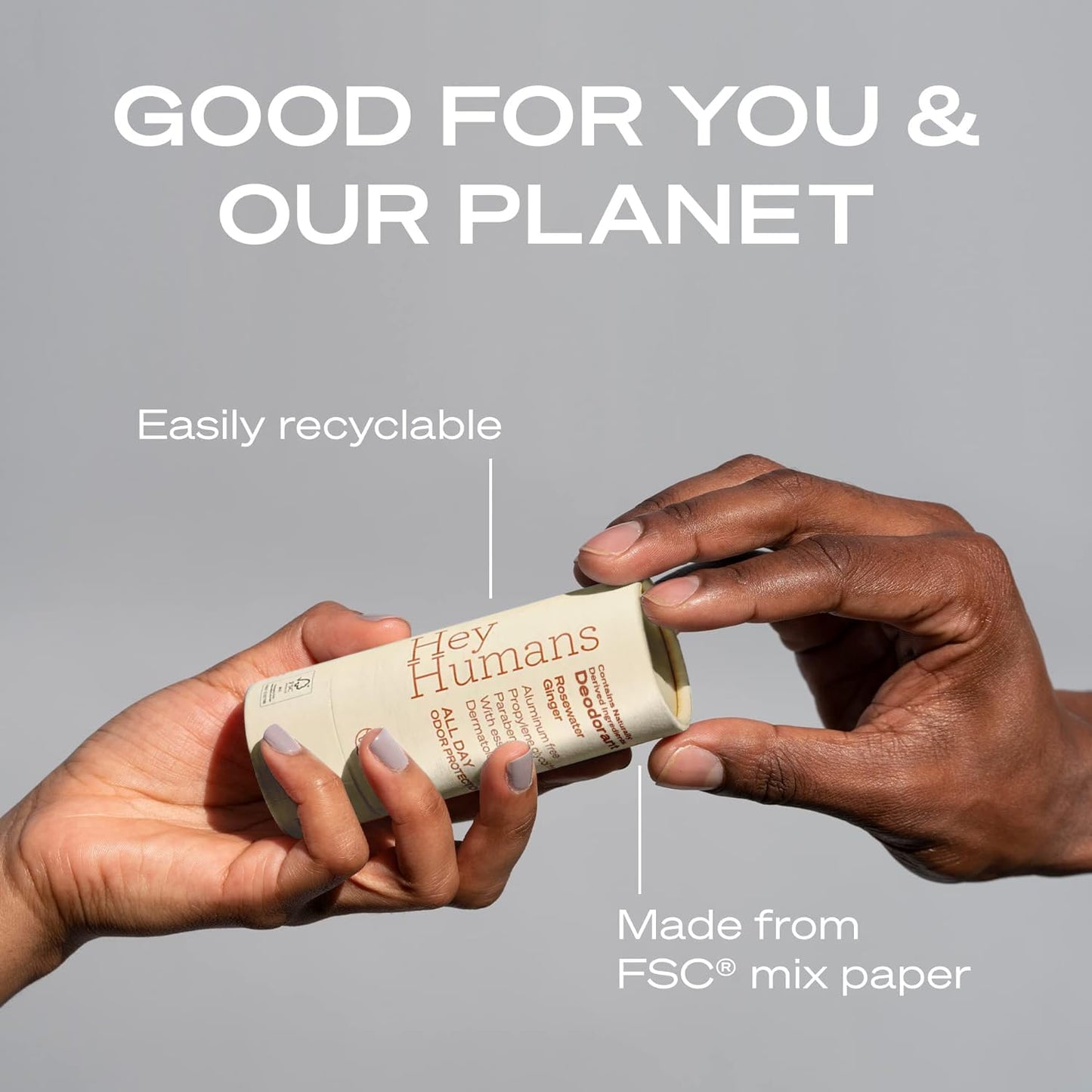 Hey Humans Deodorant, Aluminum Free Deodorant for Women and Men, Contains Naturally Derived Ingredients, All Day Odor Control, Refreshing Essential Oils, Earth Friendly Package, Rosewater Ginger