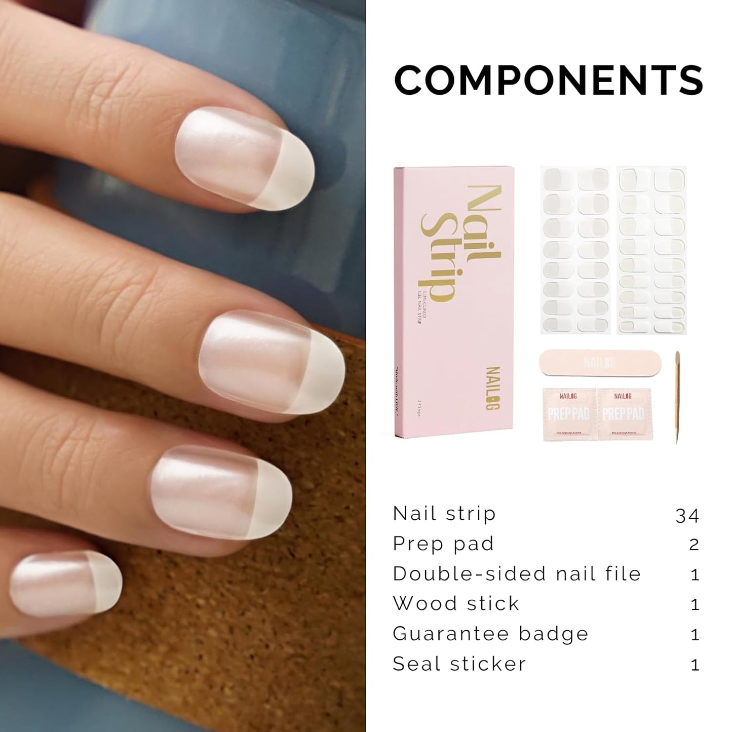 Semi Cured Gel Nail Strips - NAILOG 34 Pcs French Clear Gel Nail Stickers Extra Long Nail Wraps with Glossy Gel Finishing for Spring Summer, Moonlit Tips