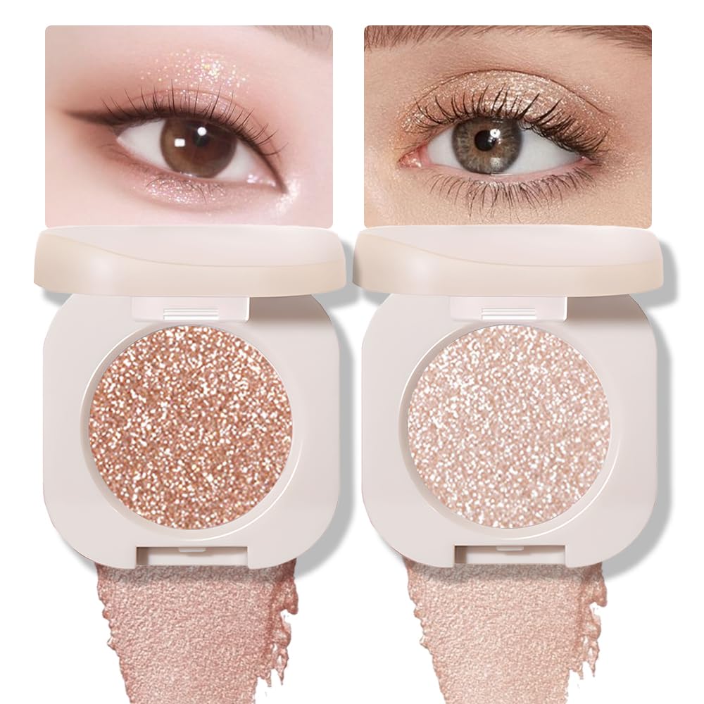 2Pcs Glitter Shimmer Sparkle Eyeshadow Palette Makeup, Light Brown Pearl White Glitter Shimmer Metallic Holographic Multichrome Cream Iridescent Single Monochrome Eye Shadow Makeup