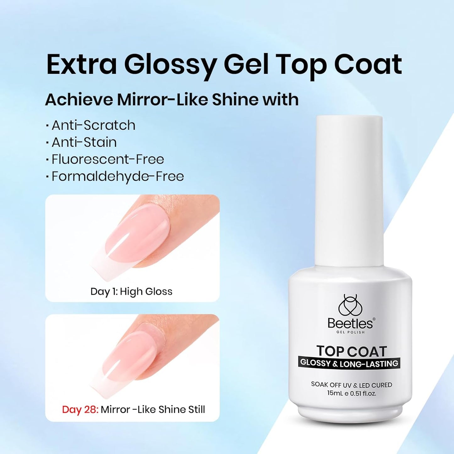 Beetles Builder Gel and Extra Glossy Top Coat No Wipe for Nails, 15ml Low Heat Hypoallergenic Clear 7 in 1 Builder High Shine Long Lasting Top Coat Gel Nail Polish with Detachable Liner Nail Brush