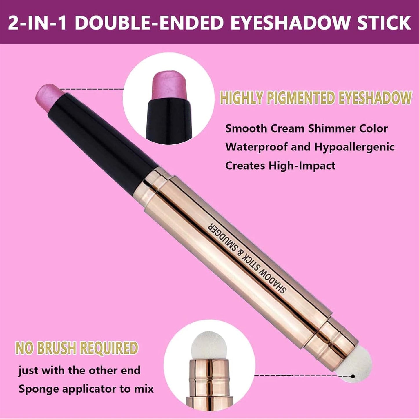 2 in 1 pink Eyeshadow stick and Sponge Makeup Brush, Smooth Cream Shimmer Shadow Pencil Long Lasting Waterproof Eye Shadow Highlighter Stick Makeup , Hypoallergenic Eyeshadow, Highlighter Eye Liner
