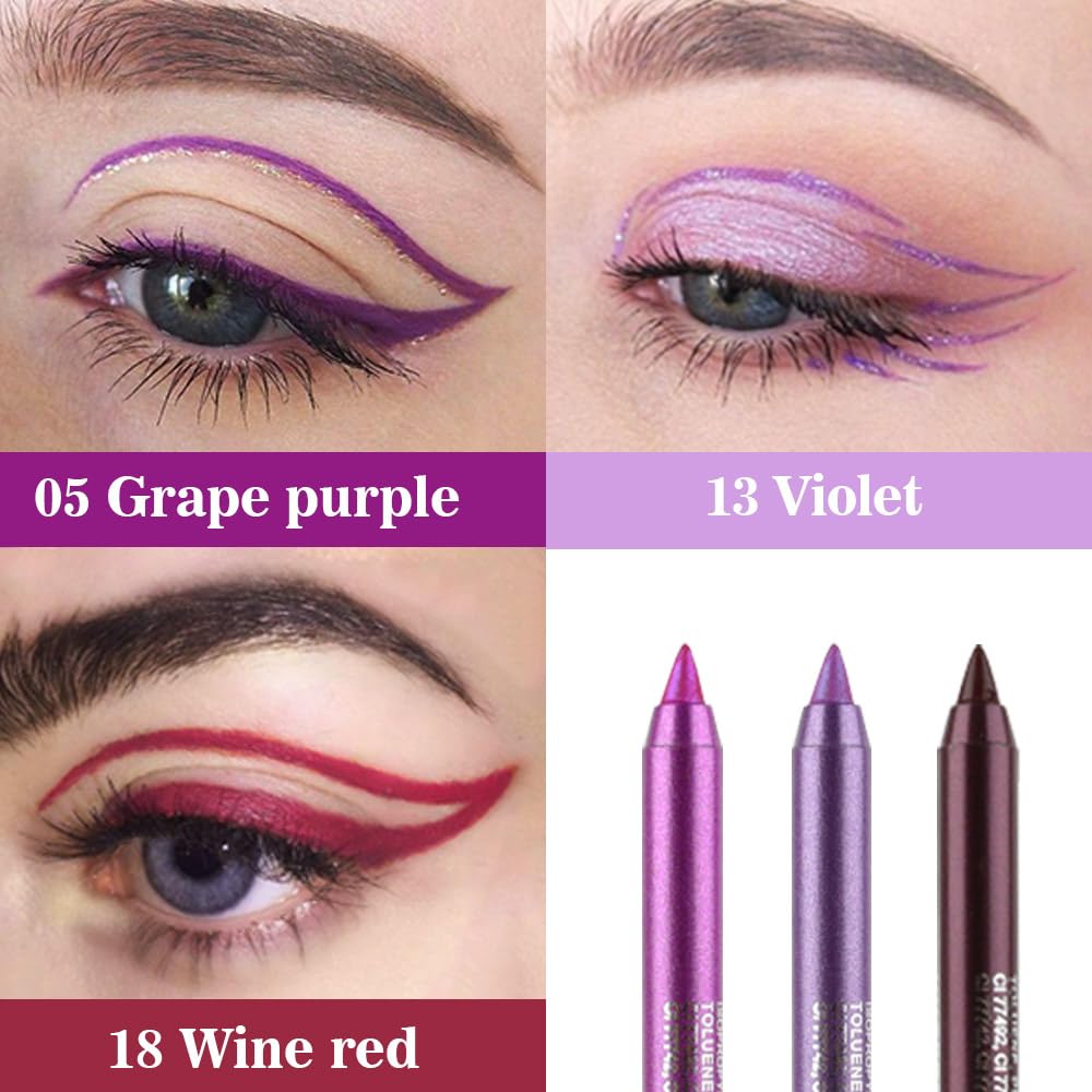 evpct 3Pcs Grape Purple & Violet & Wine Red Gel Glitter Eyeliner Pencils Set for Women Waterproof Smudge Proof lapiz de ojos delineador de ojos contra el agua Eye Liner Makeup 05 13 18
