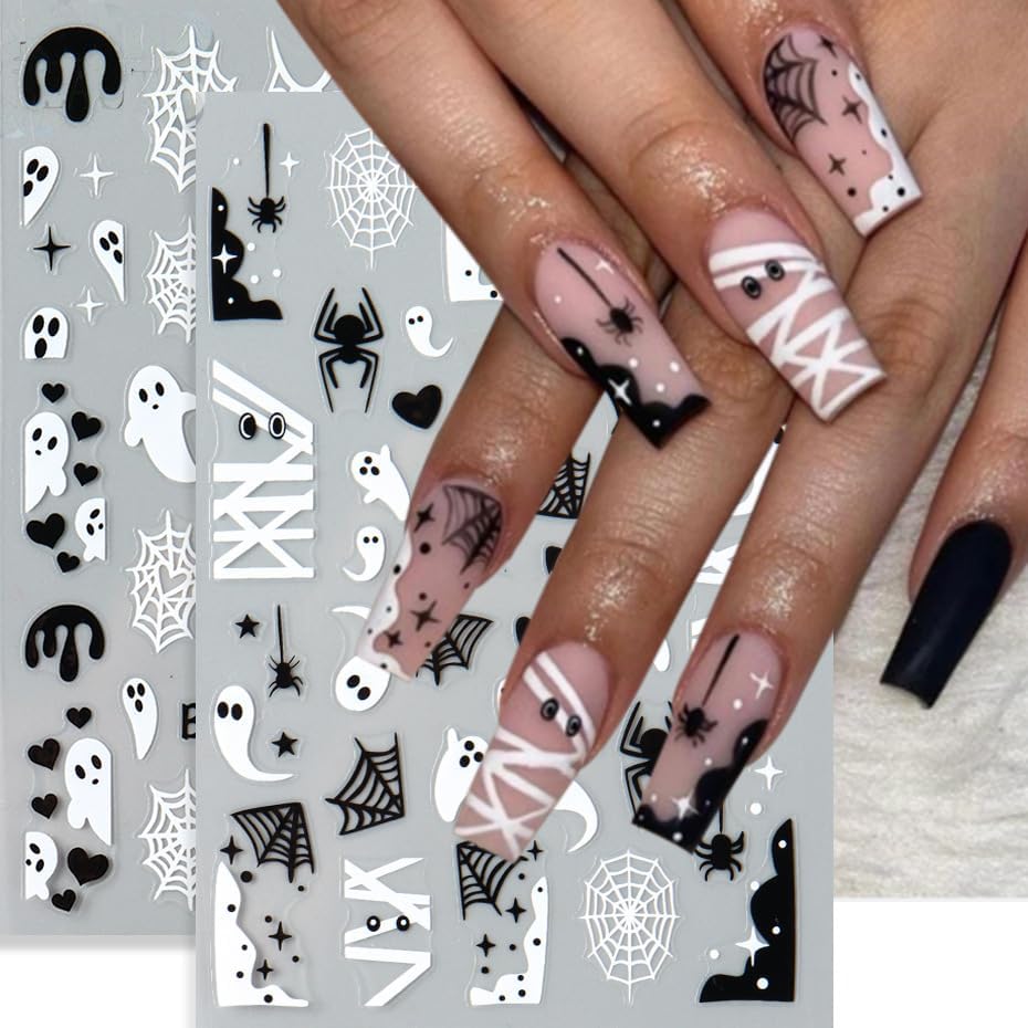 Halloween Nails Stickers Black Bat Nails Sticker 3D Embossed White Ghost Web Self Adhesive Sticker Nail Decals Black White Nail Art Decals Halloween Decals for Nail DIY Manicure 4Sheet