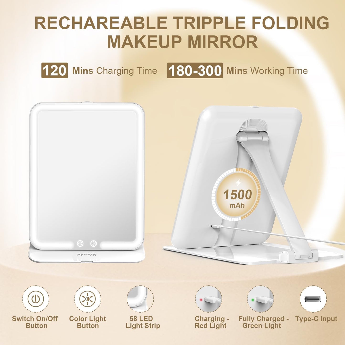 Mocado Travel Makeup Mirror with Light, Tripple Folding Vanity Mirror with Lights, 3 Colors Lighted Makeup Mirror, 1500mAh Rechargeable, Memory Function, Freely Adjust Height and Angle(White)