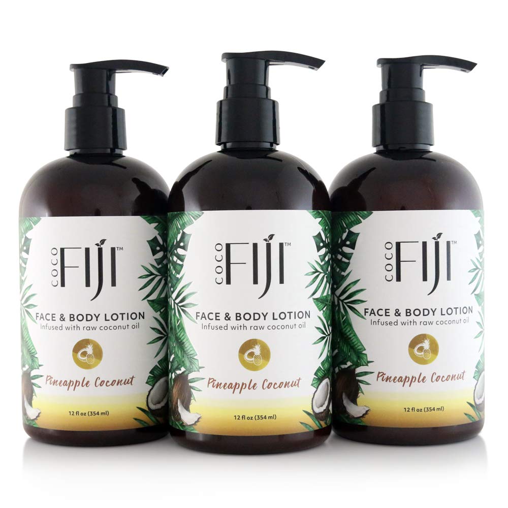 Coco Fiji Face & Body Lotion Infused With Coconut Oil | Lotion for Dry Skin | Moisturizer Face Cream & Massage Lotion for Women & Men | Pineapple Coconut 12 oz, Pack of 3