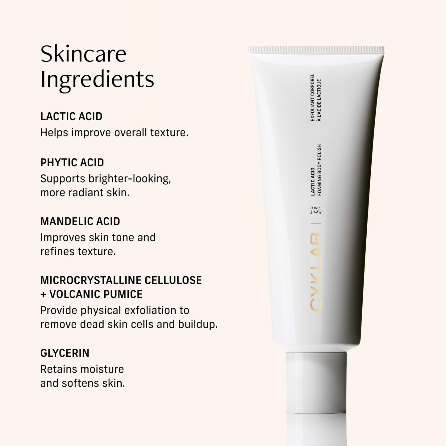 Lactic Acid Foaming Body Polish – Exfoliating Body Wash with Chemical & Physical Smoothers – Includes Glycerin Hydration, Mandelic Acid & Volcanic Pumice. Fragrance-Free, 11 fl oz